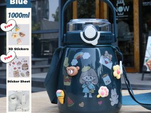 1000ml Large Water Bottle Stainless Steel Straw Water Jug with FREE Sticker Packs (Blue)