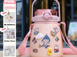 1000ml Large Water Bottle Stainless Steel Straw Water Jug with FREE Sticker Packs (Pink)