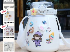 1000ml Large Water Bottle Stainless Steel Straw Water Jug with FREE Sticker Packs (White)