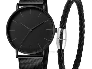 NNEOBA Mens Ultra Thin Magnetic Bracelet Quartz Watch - All-Black Slim Mesh Steel