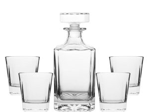 Novare Square Whiskey Decanter Bottle With 4 Whiskey Glasses Set