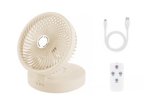 USB Rechargeable Auto Oscillation Tilt Adjustable Cordless Fan with Remote Control and Night Light Wall Mountable