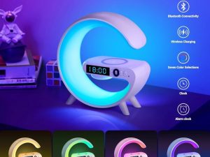 White Smart G Lamp Night Light Bluetooth Speaker Wireless Charger LED RGB Alarm Clock