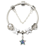 Women Silver Plated Bracelet Snake Chain with Classic Bead Barrel Clasp and Blue Star Pendant(18cm)