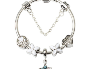 Women Silver Plated Bracelet Snake Chain with Classic Bead Barrel Clasp and Blue Star Pendant(18cm)